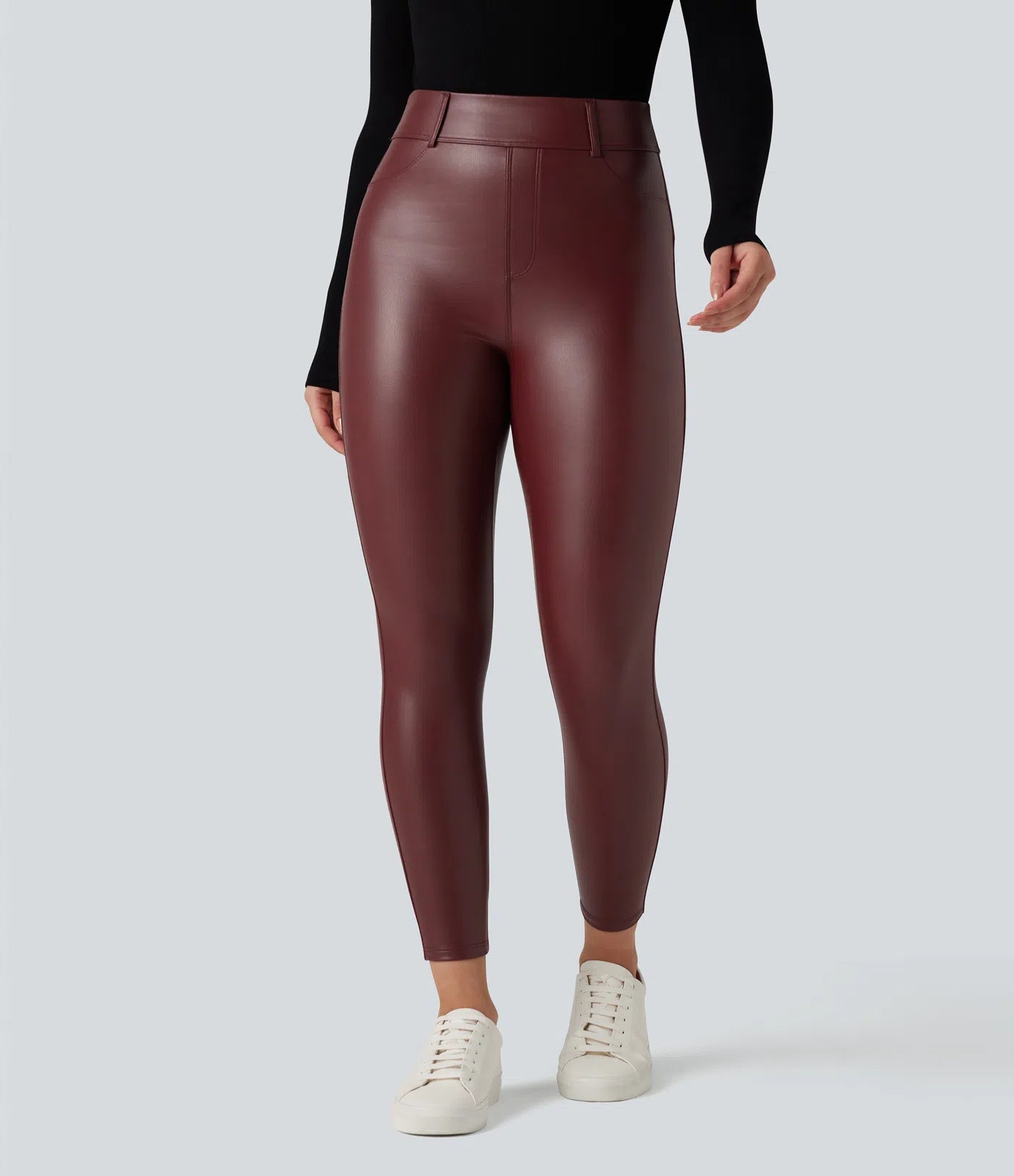 Leggings Casuales de PU Elástico con Forro Afelpado, Tiro Alto y Bolsillos