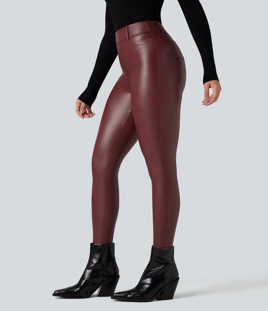 Leggings Casuales de PU Elástico con Forro Afelpado, Tiro Alto y Bolsillos