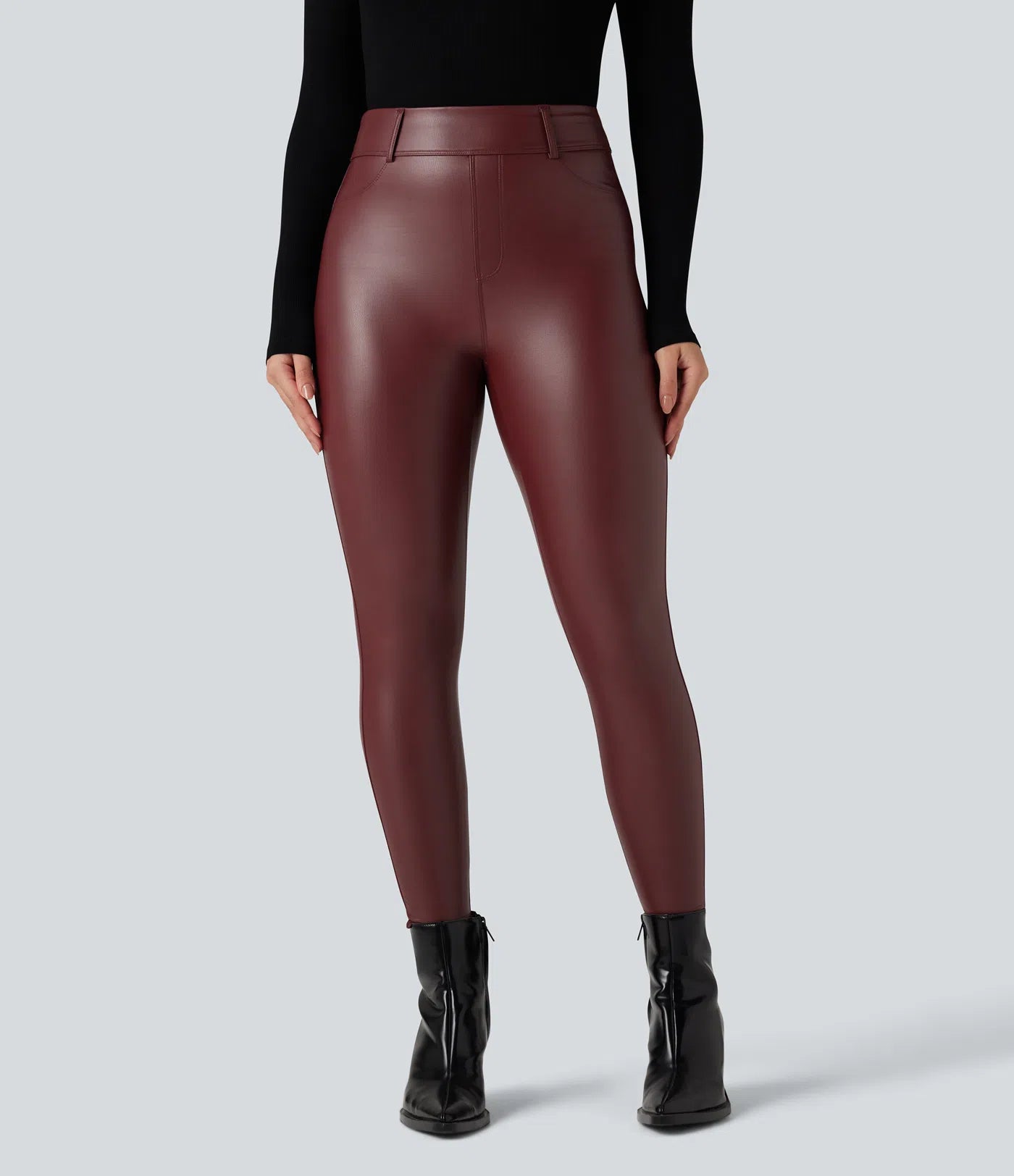 Leggings Casuales de PU Elástico con Forro Afelpado, Tiro Alto y Bolsillos