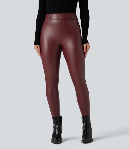 Leggings Casuales de PU Elástico con Forro Afelpado, Tiro Alto y Bolsillos