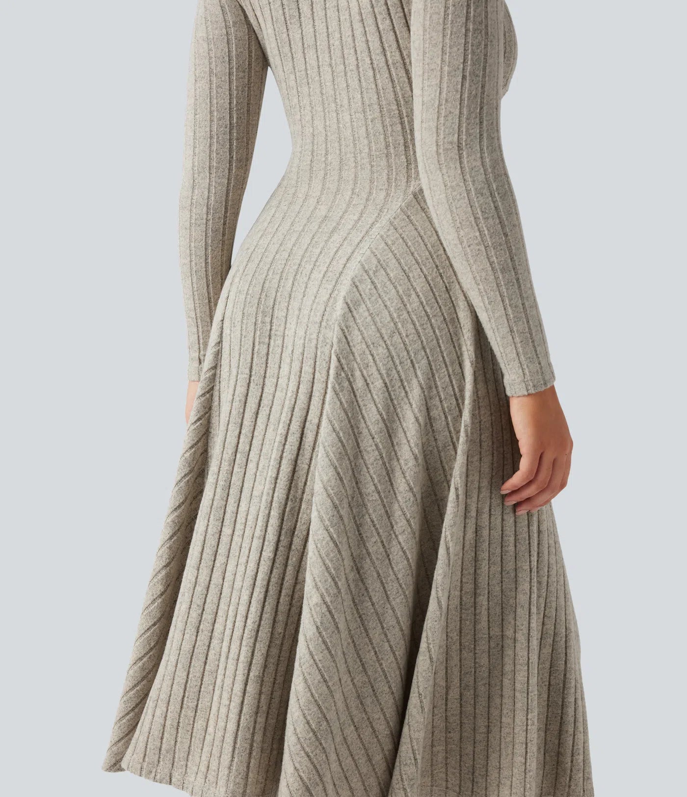 Vestido Midi Casual de Punto Acanalado con Escote en V y Manga Larga