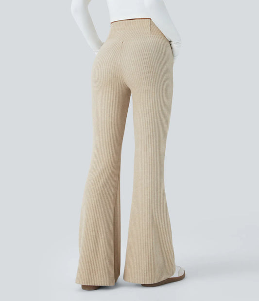 Pantalones Acampanados Casual de Punto Acanalado con Tiro Alto y Bolsillos Laterales