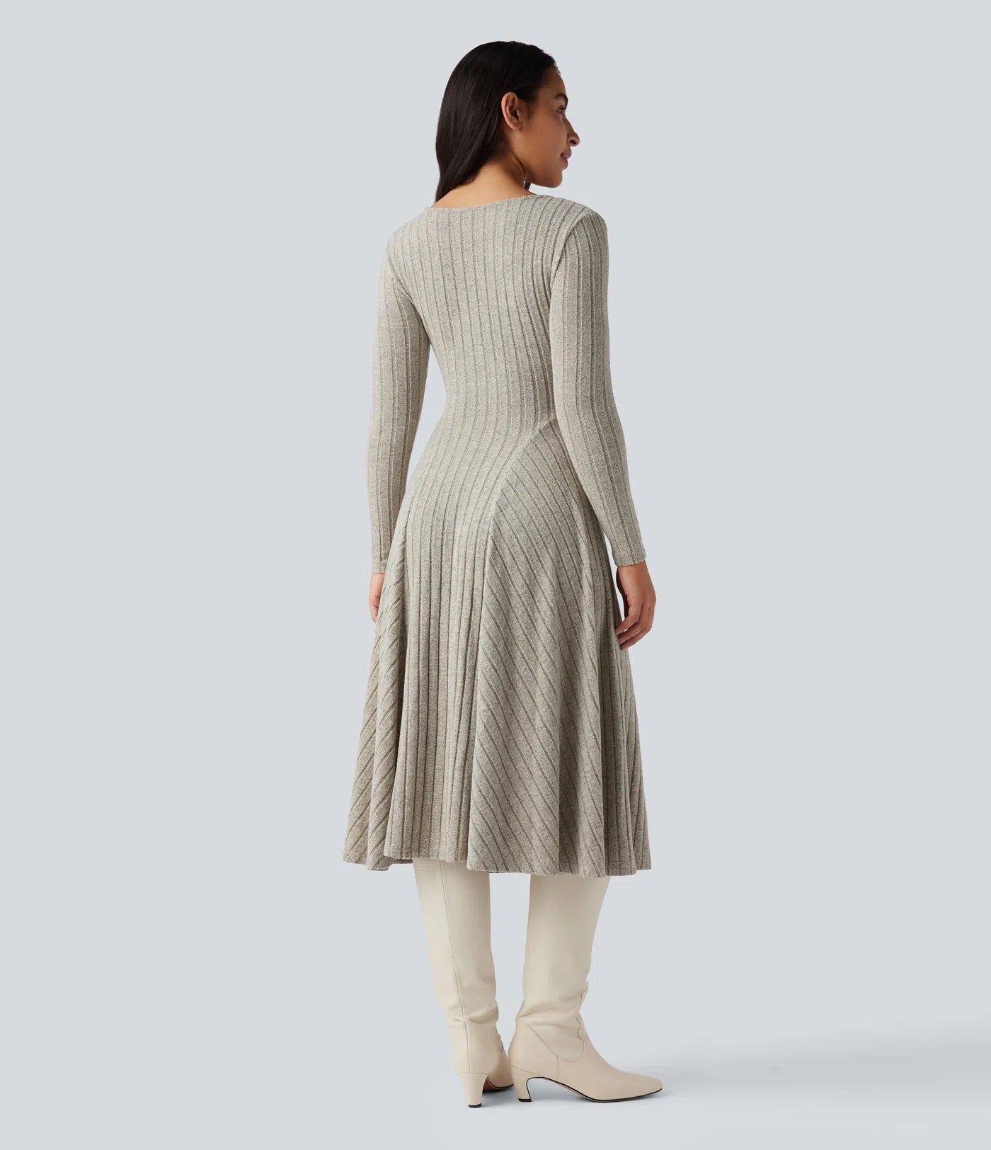 Vestido Midi Casual de Punto Acanalado con Escote en V y Manga Larga