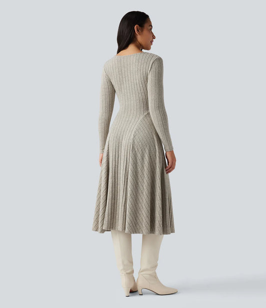 Vestido Midi Casual de Punto Acanalado con Escote en V y Manga Larga