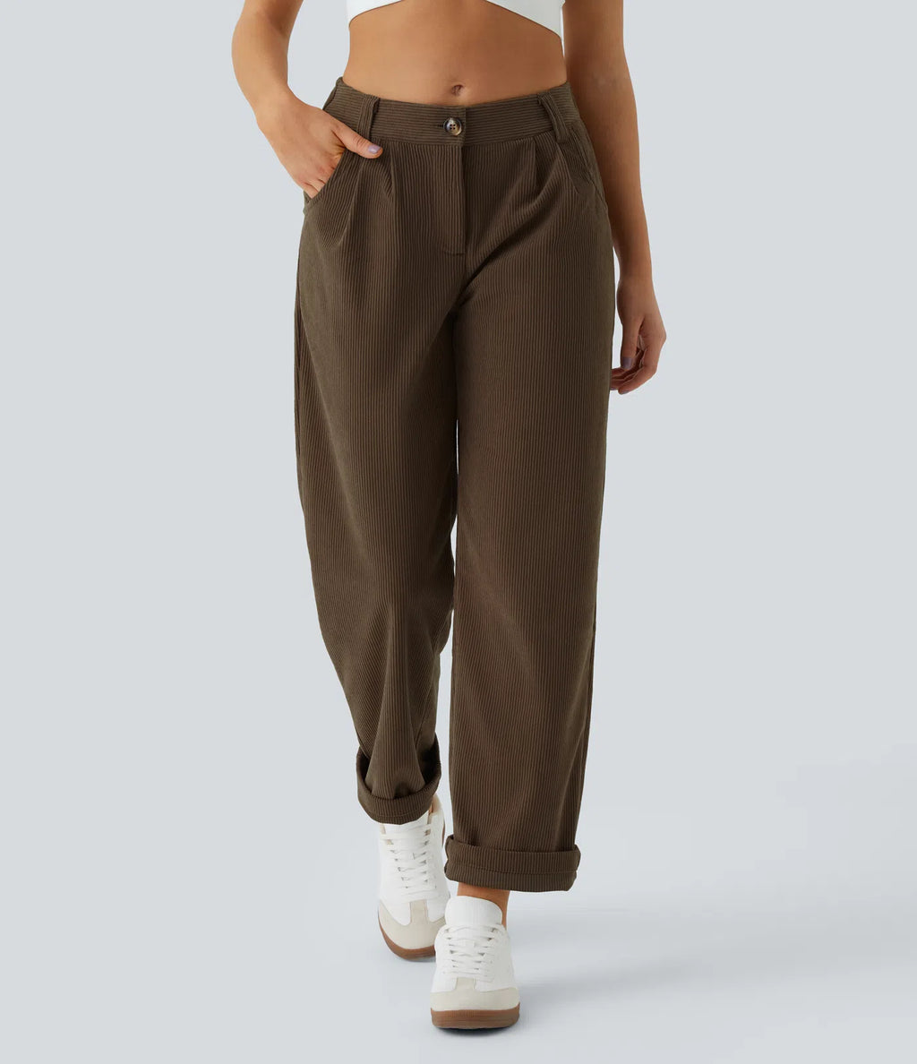 Pantalones de pana casual de tiro medio con bolsillos con cremallera