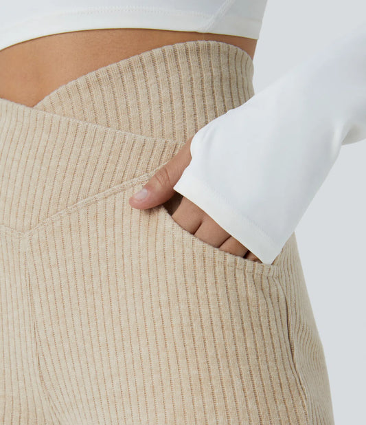 Pantalones Acampanados Casual de Punto Acanalado con Tiro Alto y Bolsillos Laterales