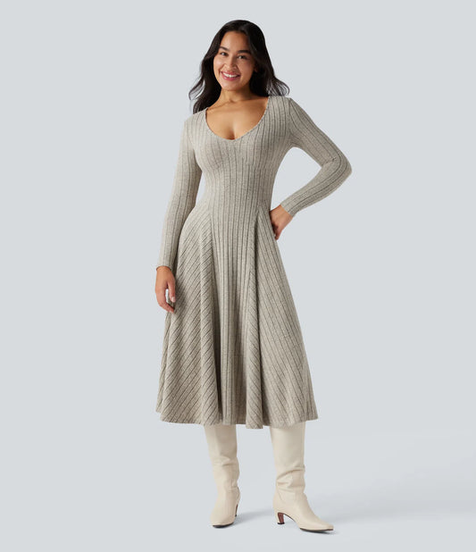 Vestido Midi Casual de Punto Acanalado con Escote en V y Manga Larga