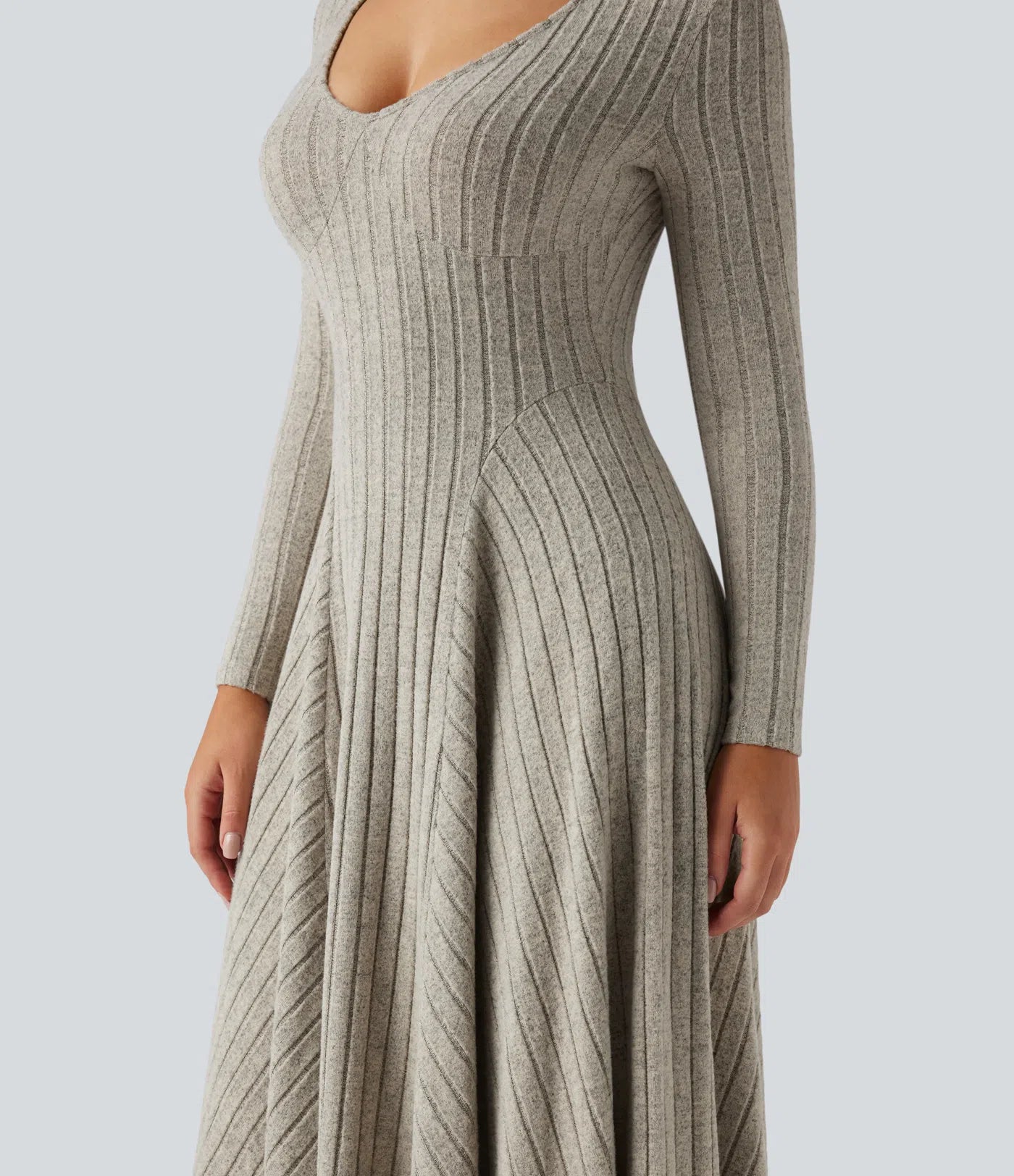 Vestido Midi Casual de Punto Acanalado con Escote en V y Manga Larga