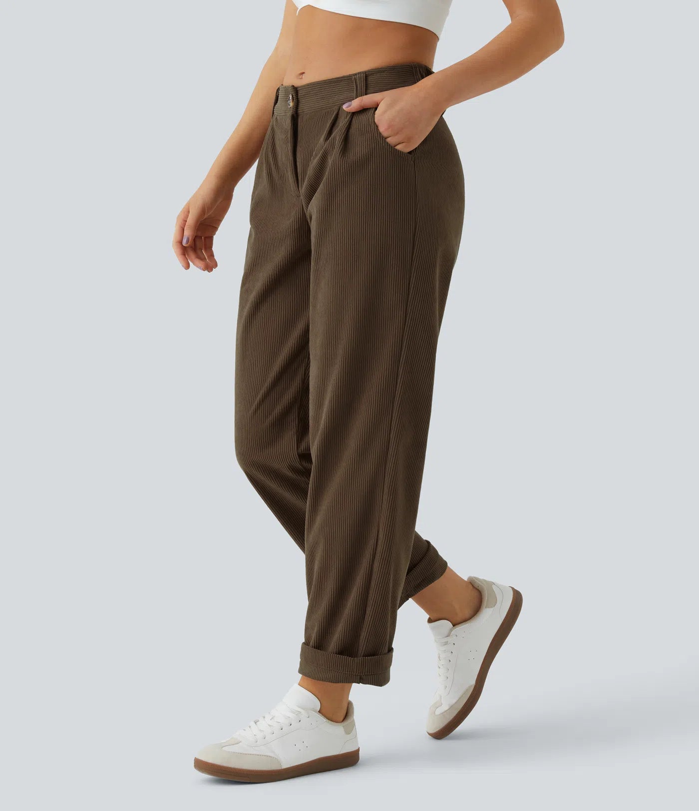 Pantalones de pana casual de tiro medio con bolsillos con cremallera