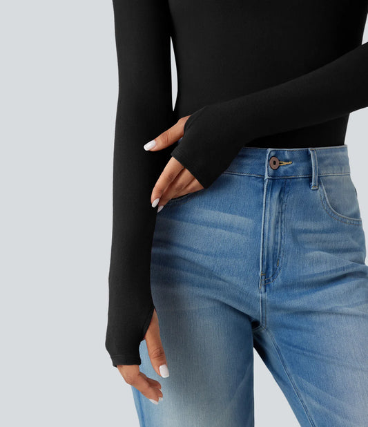 Camiseta Casual de Manga Larga con Cuello Alto, Aberturas para Pulgares y Calidez