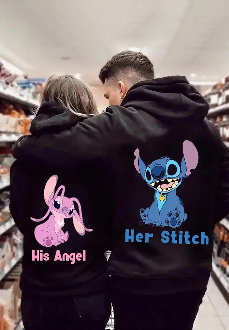 Women's Hoodies Cute Couple Clothes Disney Characters Lilo & Stitch Winter Warm Cartoon Pattern Sweatshirt Harajuku Streetwear