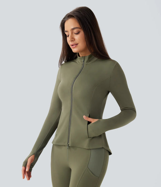 Chaqueta Ecuestre Ajustada con Cuello Alto, Aberturas para Pulgares y Protección UPF50+